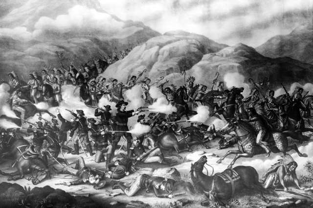Lieutenant Colonel Custer and his U.S. Army troops are defeated in battle with Native American Lakota Sioux and Northern Cheyenne, on the Little Bighorn Battlefield, June 25, 1876 at Little Bighorn River, Montana. Image is in the public domain via Wikimedia.com</em
