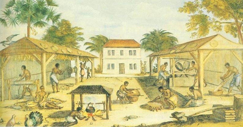 Slaves processing tobacco in sevntith century