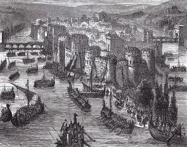 Viking long ships besieging Paris in 845, 19th century portrayal. By Unknown. Image is in the public domain via Wikimedia.com</em