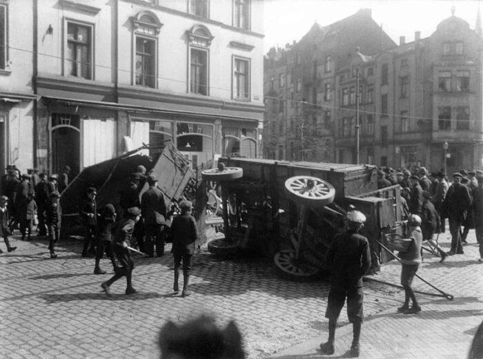 Spartacists erecting street barriers at Ellerstraße in Düsseldorf, Germany on April 14, 1919.