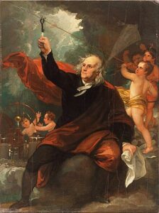 Ben West's painting of Benjamin Franklin drawing electricity from the sky.