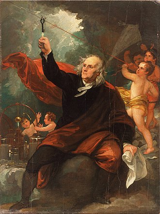 Ben West's painting of Benjamin Franklin drawing electricity from the sky.