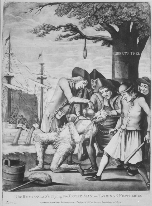 he Bostonian's Paying the Excise-Man, or Tarring & Feathering. Copy of mezzotint attributed to Philip Dawe, 1774. Public domain.