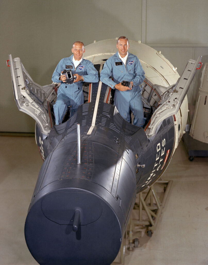 Gemini 12 prime crew: Astronauts James A. Lovell Jr. (right), command pilot, and Edwin E. Aldrin Jr., pilot.
