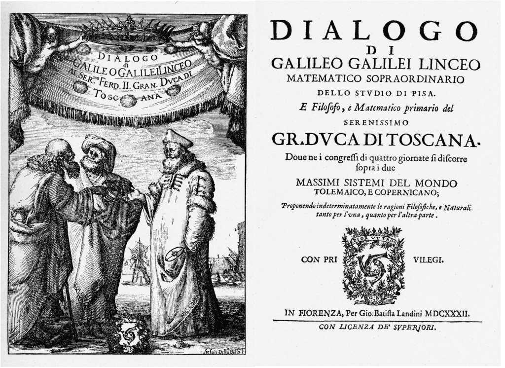 Frontispiece (by Stefan Della Bella) and title page of Galileo Galilei's Dialogue Concerning the Two Chief World Systems, published by Giovanni Battista Landini in 1632 in Florence. Public domain. Courtesy of Wikimedia Commons.
