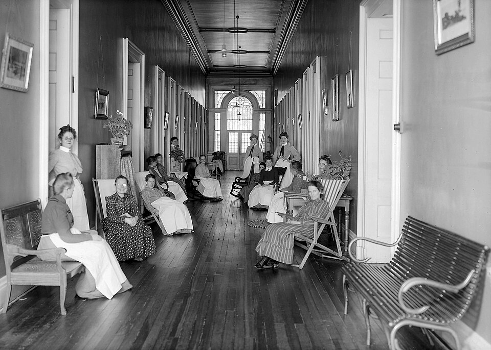 Patients and staff of the St. Louis City Insane Asylum sit in chairs or stand in doorways along a clean and neat hallway posing for the camera. Public Domain. Courtesy of Wikimedia Commons.