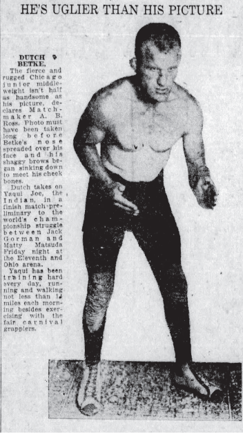 Wrestling in 1926 was teetering between the worlds of legitimate sport and entertainment. For Borger-based Dutch Betke, the “Apeman of the Panhandle,” ugly looks became media marketing. TIMES RECORD NEWS, OCTOBER 7, 1926, PUBLIC DOMAIN