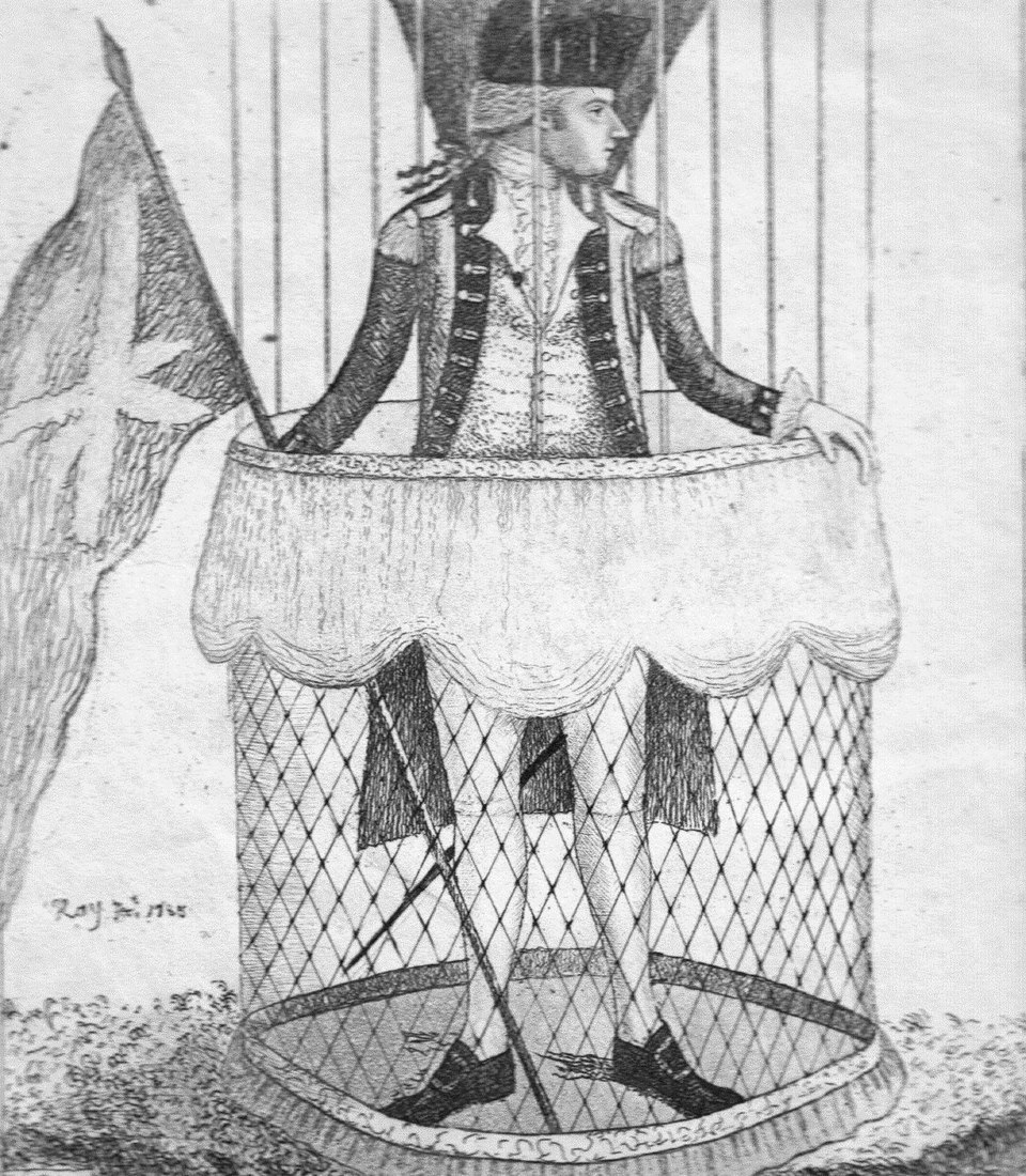 No.LXIV Vincent Lunardi, in his basket, ready to ascend (1785), by John Kay.