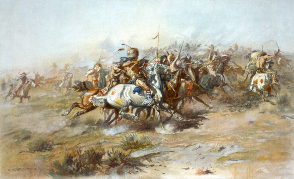 Lithograph showing the Battle of Little Bighorn, from the Native American side.