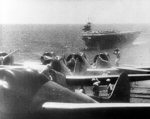 Aichi D3A1 dive bombers prepare to take off from a Japanese aircraft carrier during the morning of 7 December 1941 to attack Pearl Harbor.